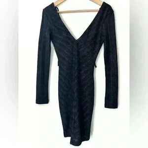 Black Long Sleeve Bodycon Deep V-Neck Romantic Ethereal Feminine Dress